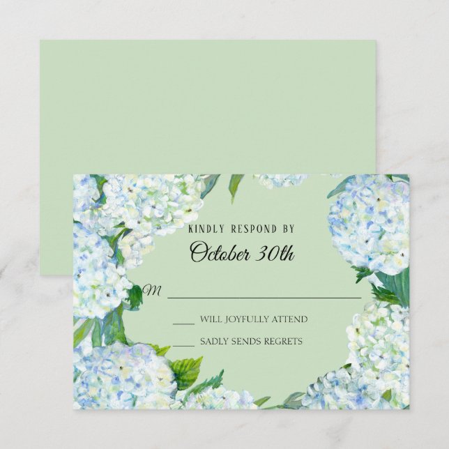 Convites RSVP Floral Casamento Hydrangea Branca Hortelã Ver (Frente/Verso)