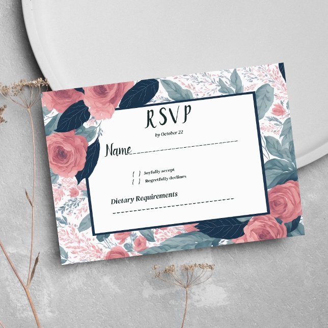 Convites RSVP floral cor-de-água azul-marinho (Watercolor navy blue mauve pink floral RSVP )