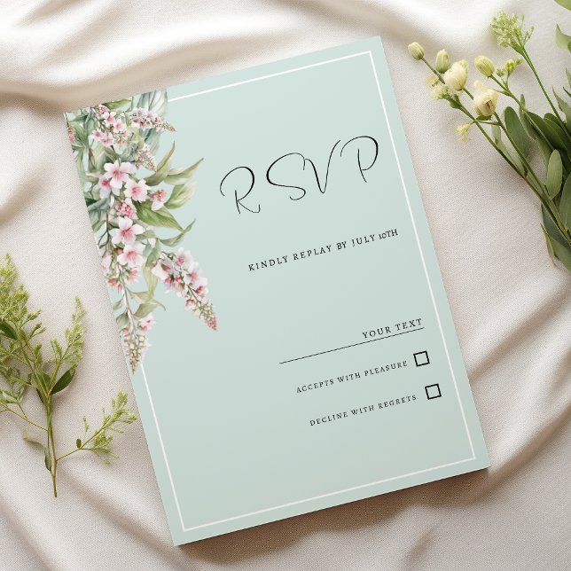 Convites RSVP floral da horta rosa com casca de água (Watercolor blush pink mint floral RSVP )