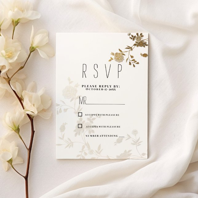 Convites RSVP floral de brilho branco simples (Simple chic white gold glitter floral RSVP )