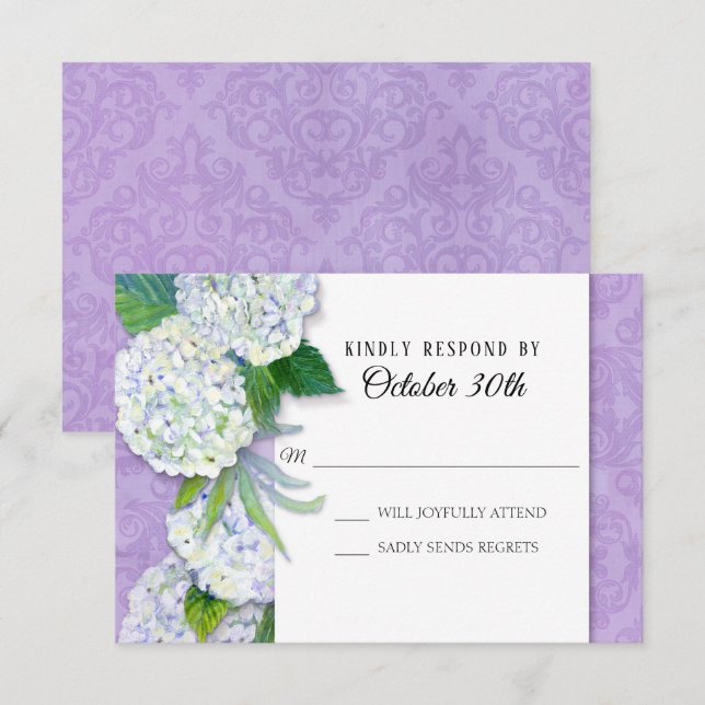 Convites RSVP Floral de Casamento Hydrangea Lavanda Damasco (Frente/Verso)