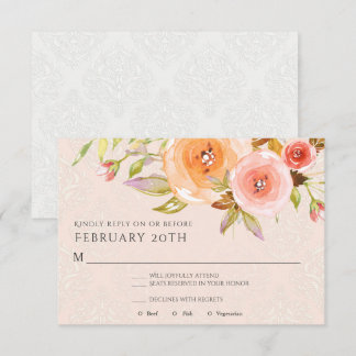 Convites RSVP Floral de Casamento Rosa Beije Água Tinta Fol