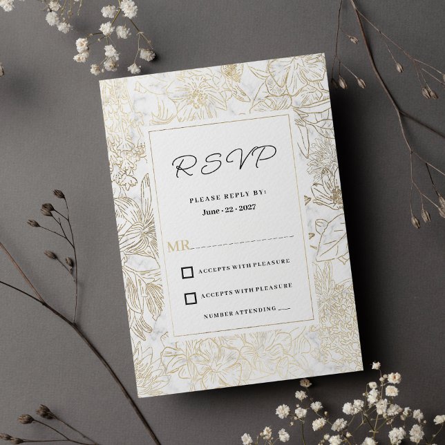 Convites RSVP floral de cinza branca Elegante (Elegant white gold gray marble floral RSVP)