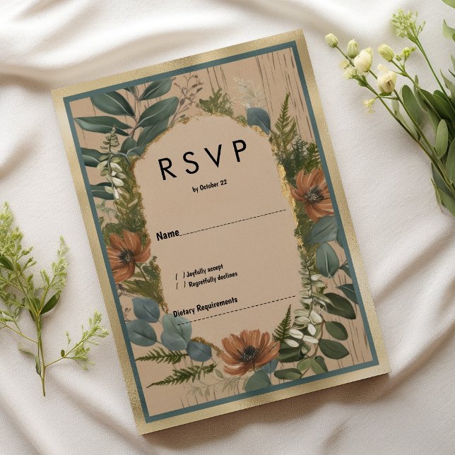 Convites RSVP floral de horta de ouro marrom-russa (Rustic brown orange gold mint floral RSVP)
