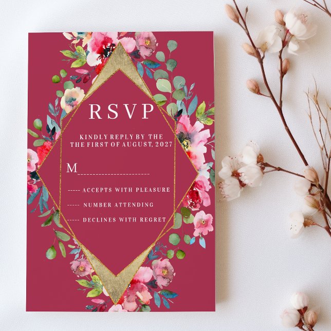 Convites RSVP floral de hortelã-rosa-burgundy geométrico (Geometric burgundy pink mint gold floral RSVP)