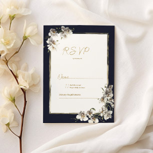 Convites RSVP floral de orquídea branca azul-marinho Elegan