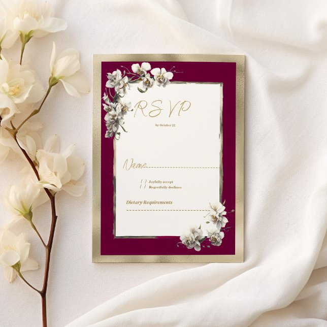 Convites RSVP floral de orquídea branca-burgundy Elegante (Elegant burgundy gold white orchid floral RSVP)