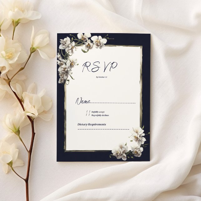 Convites RSVP floral de orquídea branca de ouro azul-marinh (Luxury navy blue gold white orchid floral RSVP)