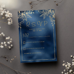 Convites RSVP floral de ouro gradiente azul-marinho metálic
