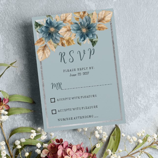 Convites RSVP floral de prata azul-marrom botulínico (Botanic mauve blue brown silver floral RSVP)