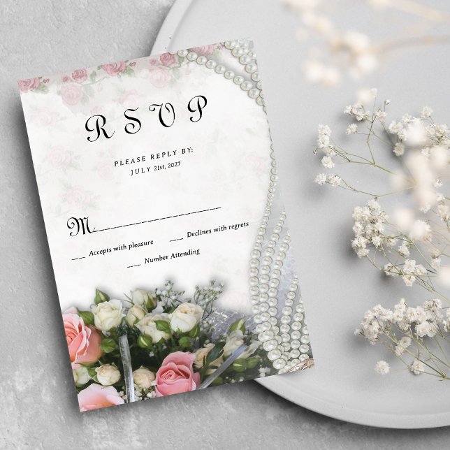 Convites RSVP floral de rosa branco-chic rosa-rosa-vírgula (Vintage chic pink white rose floral RSVP )