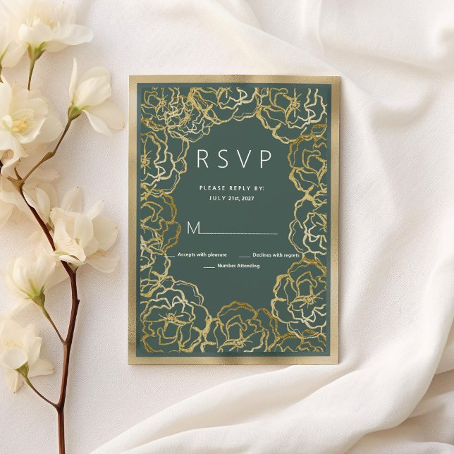 Convites RSVP floral de rosa de ouro verde empoeirado român (Romantic dusty green gold rose floral RSVP )