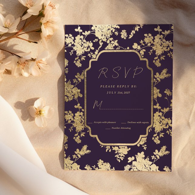 Convites RSVP Floral Dourado Roxo Púrpura Escuro do Estilo  (Elegant Style Dark Purple Gold Floral RSVP )