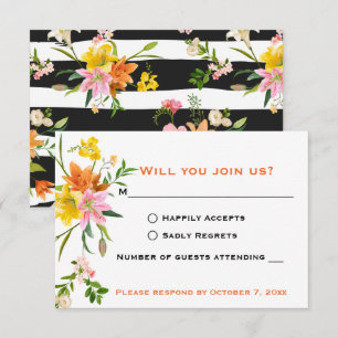 Convites RSVP Floral Lírios Laranja Branco Listra Preta