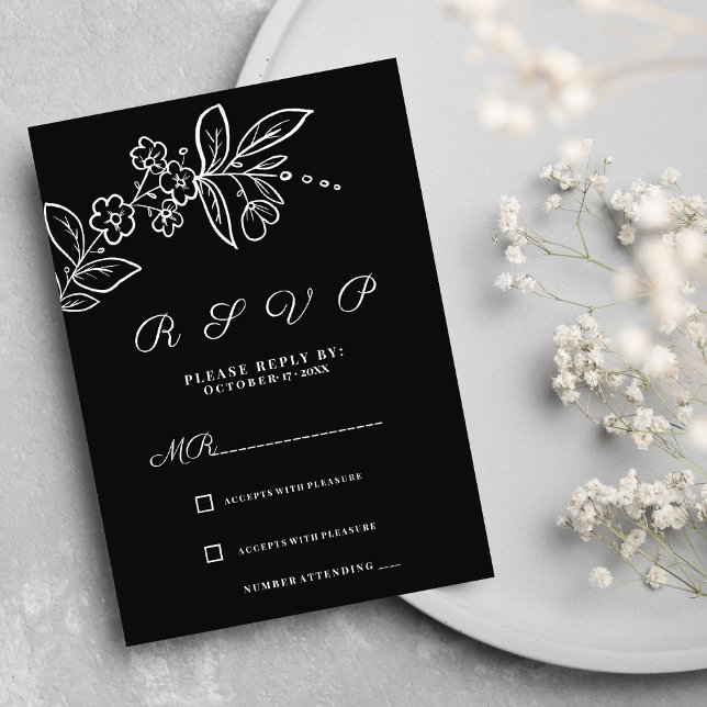 Convites RSVP floral preto simples e branco (Simple elegant black white floral RSVP)