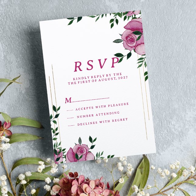 Convites RSVP floral rosa de ouro lilac verde botulínico (Botanic lilac green gold rose floral RSVP)