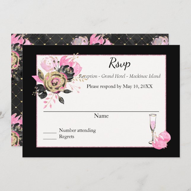 Convites Rsvp floral rosa, preto e dourado. (Frente/Verso)