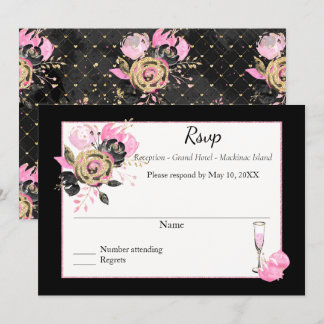 Convites Rsvp floral rosa, preto e dourado.