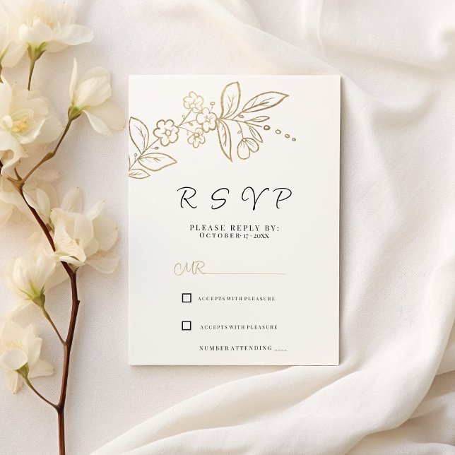 Convites RSVP floral simples de ouro branco-chic elegante (Elegant chic white gold simple floral RSVP )