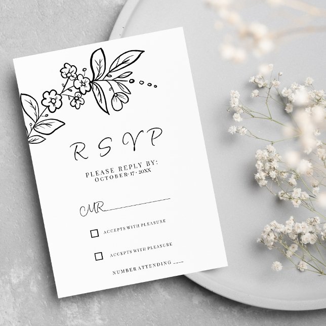 Convites RSVP floral simples e preto elegante (Elegant black white simple floral RSVP )