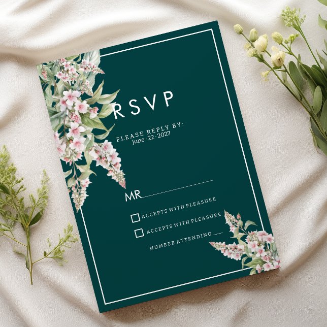 Convites RSVP floral verde-rosa botânico (Botanical pink mauve green floral RSVP)