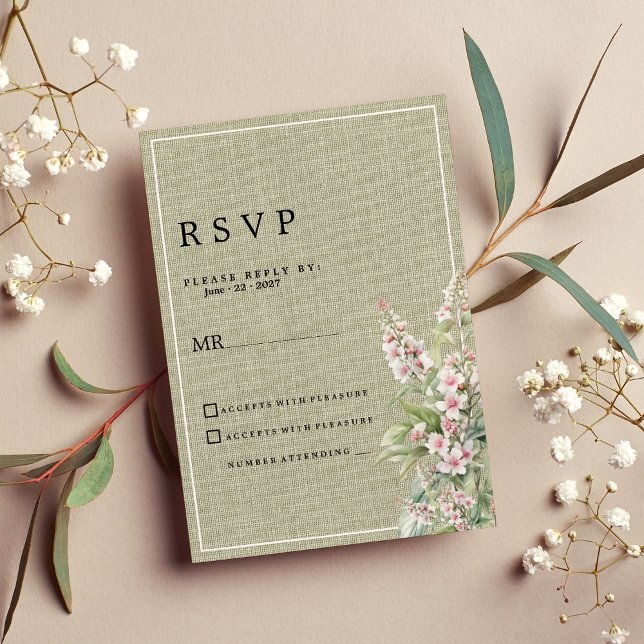 Convites RSVP floral verde-rosa-russa da horta (Rustic pink mint green botanical floral RSVP)