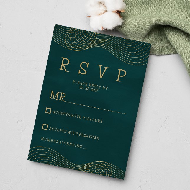 Convites RSVP geométrico de ouro verde-escuro elegante e el (Elegant classic dark green gold geometric RSVP)
