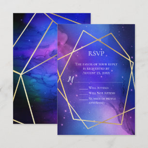 Convites RSVP Geométrico Dourado da Nebula Celestial Roxo