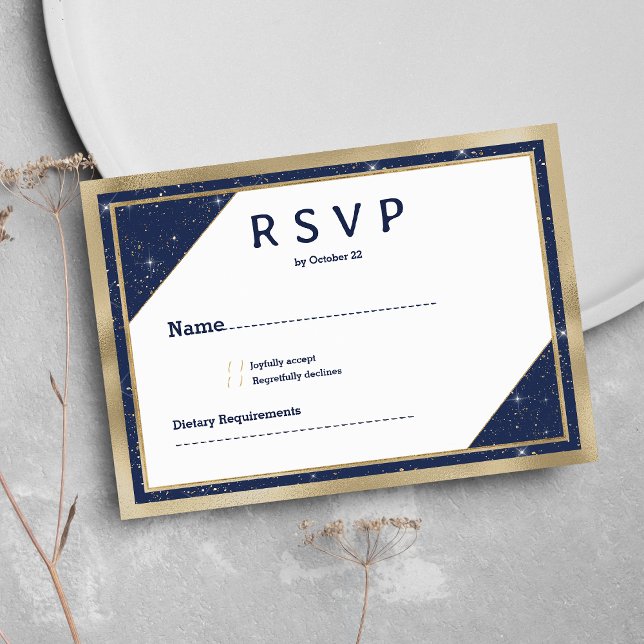 Convites RSVP geométrico marinho de ouro branco (White gold navy blue glitter geometric RSVP )