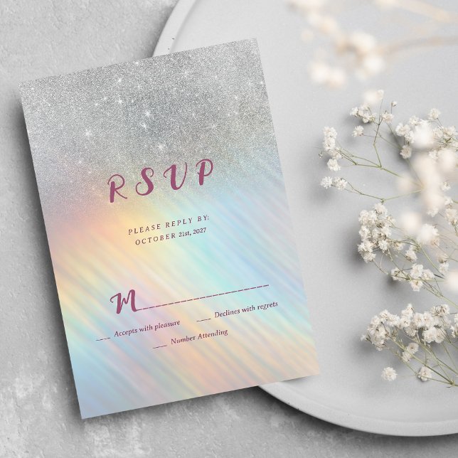 Convites RSVP holográfico de arco-íris com brilho prateado (Silver glitter rainbow holographic RSVP)