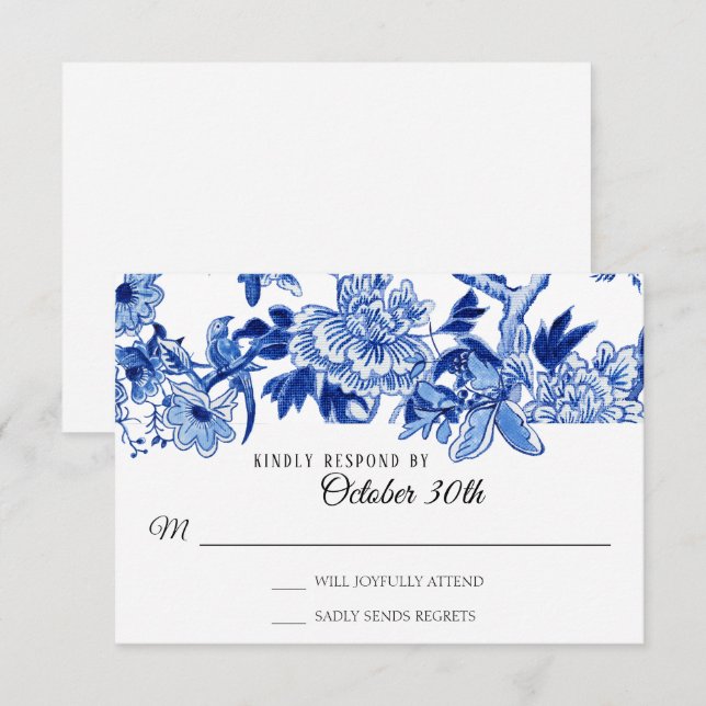 Convites RSVP Influência Asiática Branco Azul Floral Chinoi (Frente/Verso)