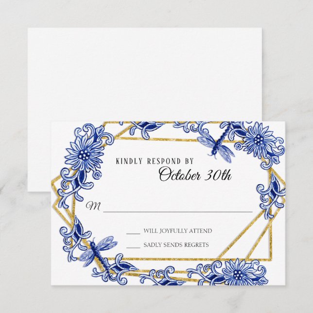 Convites RSVP Influência Asiática Céu Azul Dourado Libélula (Frente/Verso)