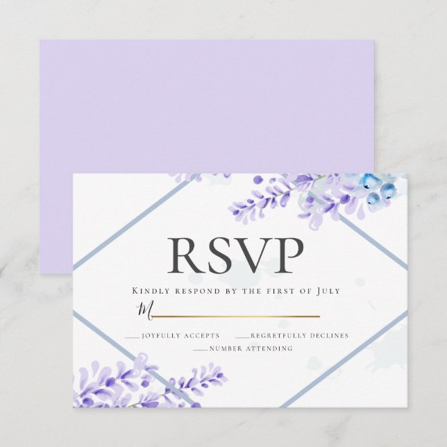 Convites RSVP | Lavanda de aquarelas - Florestas azuis empo (Frente/Verso)