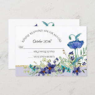 Convites RSVP Lavanda de Casamento Azul Papoila Aquarela Fl