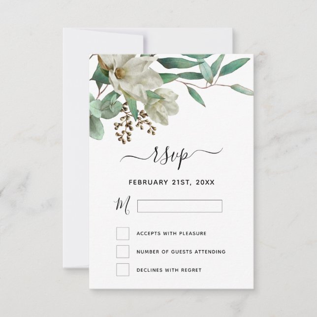 Convites RSVP Magnolia Eucalyptus Watercolor Elegante (Frente)