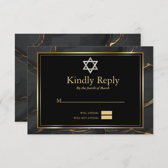 Convites RSVP Modern Black Dourado Bar Mármore Mitzvah (Frente/Verso)