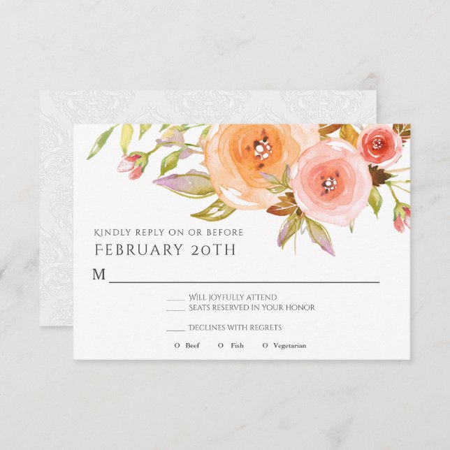 Convites RSVP Moderno Aquarela Casamento Floral Damasco Pês (Frente/Verso)