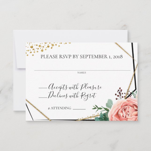 Convites RSVP Moderno de Casamento Geométrico Dourado e Ros (Frente)