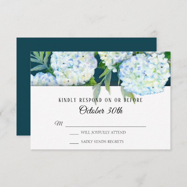 Convites RSVP Pintado Hydrangeas Brancas Pintadas Azul Peac (Frente/Verso)