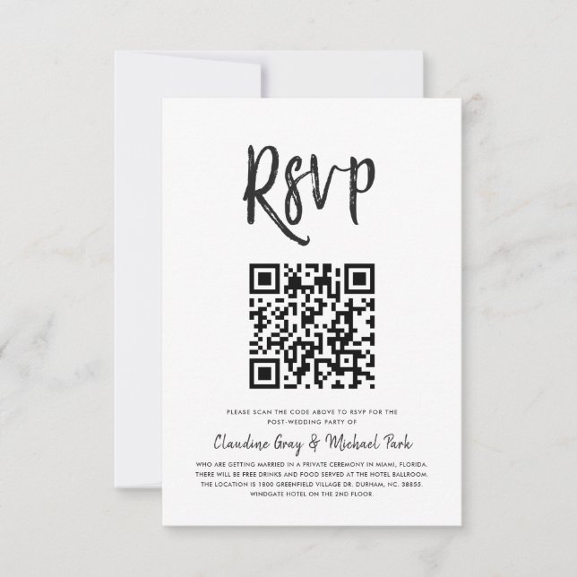 Convites RSVP por Código QR | Estilo de Script Branco Preto (Frente)