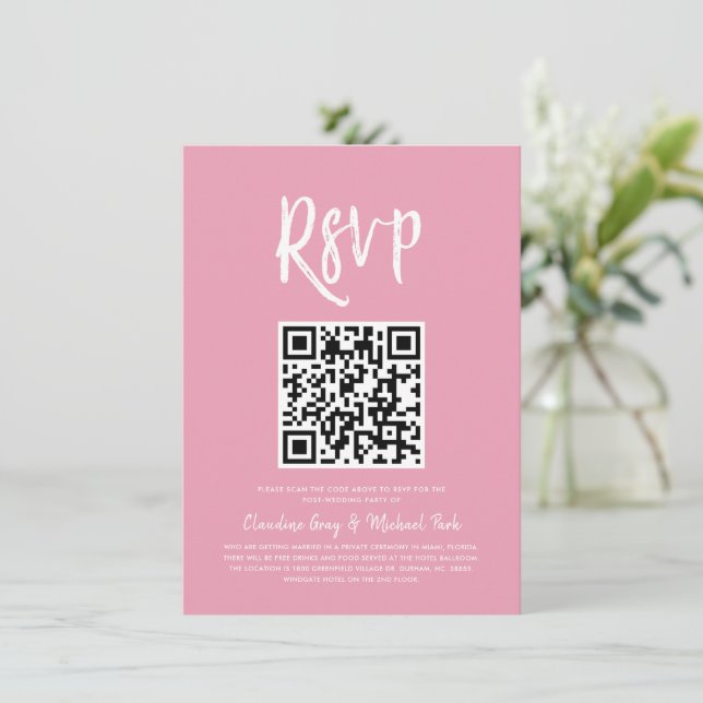 Convites RSVP por Código QR | RSVP de Estilo de Script Rosa (Em pé/Frente)