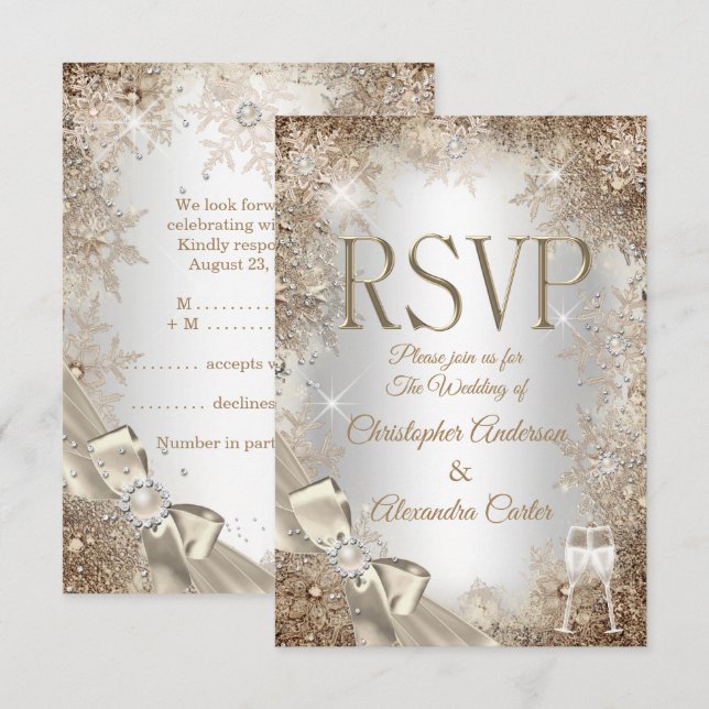 Convites RSVP Prata Bege Creme Pérola Arco Floco de Neve 2 (Frente/Verso)