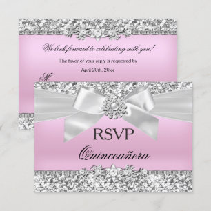 Convites RSVP Prata Rosa Brilho Jóia Laço Quinceanera
