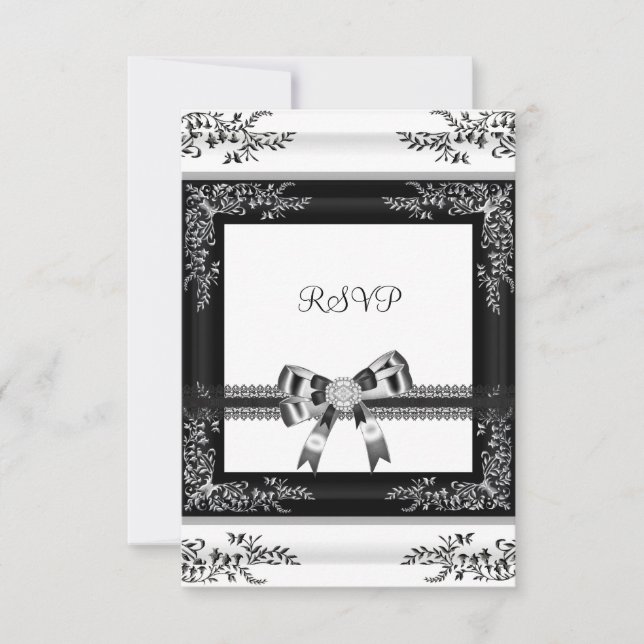 Convites RSVP Preto Branco Renda Floral Diamante 3 (Frente)