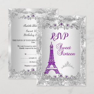 Convites RSVP Princesa Sweet 16 roxo Prata Foto Festa