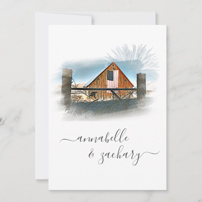 Convites *~* RSVP QR American Flag Old Barn AR19 Casamento (Frente)