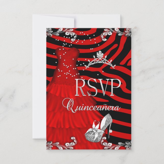 Convites RSVP Quinceanera 15 Zebra Red Dress Calçado (Frente)