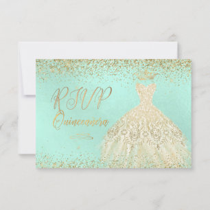 Convites RSVP Quinceañera, Glitters Gown, Faux Dourada+Mint
