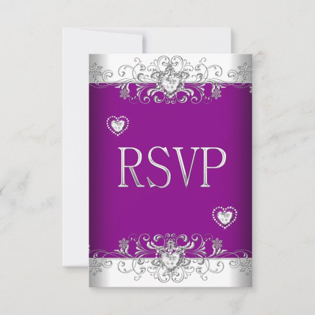 Convites RSVP Rosa Ameixa Casamento Branco Diamante Coraçõe (Frente)
