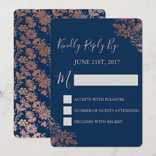 Convites RSVP - Rosa Dourado e Azul Naval Floral (Frente/Verso)